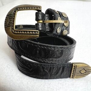 Lovestrength Black Tooled Leather Western Belt Brass Buckle Size S Made USA